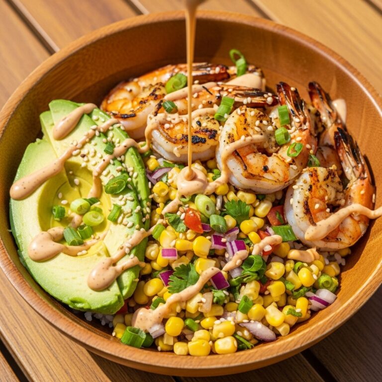 Grilled Shrimp Bowl with Avocado Corn Salsa amp Creamy Garlic Sauce