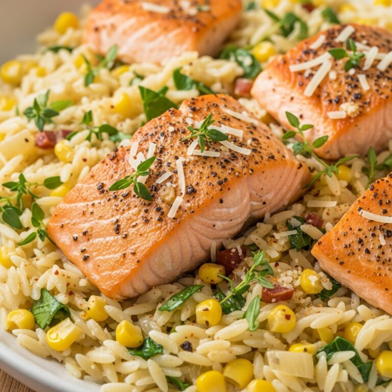 Creamed Corn Orzo with Salmon
