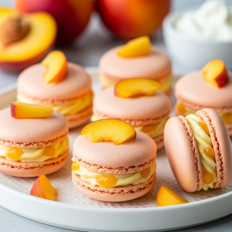 Peach Macarons with Fresh Peaches and Cream